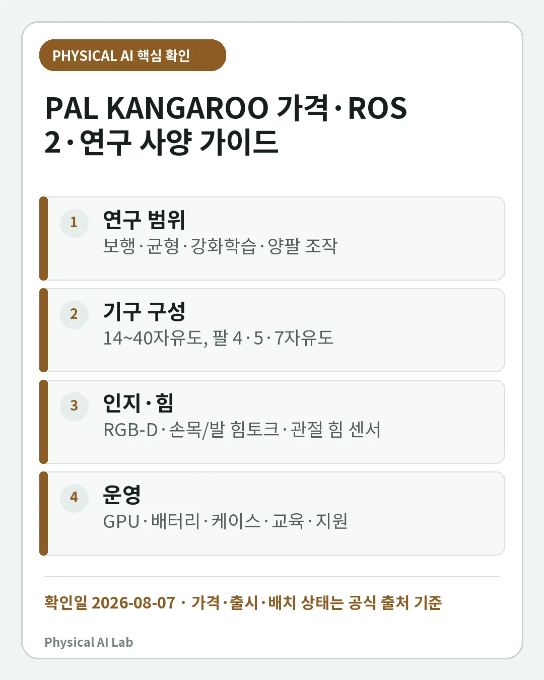 PAL Robotics KANGAROO 가격·사양·ROS 2 가이드: 연구용 이족 플랫폼 선택의 핵심 판단 네 가지를 정리한 모바일 카드