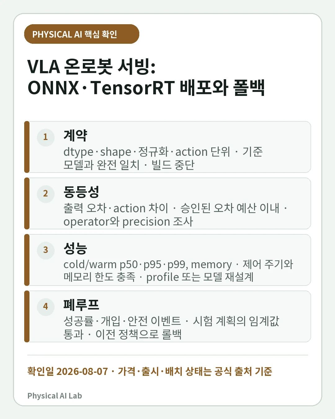 VLA 온로봇 서빙: PyTorch·ONNX·TensorRT 지연·메모리·폴백 설계의 핵심 판단 네 가지를 정리한 모바일 카드