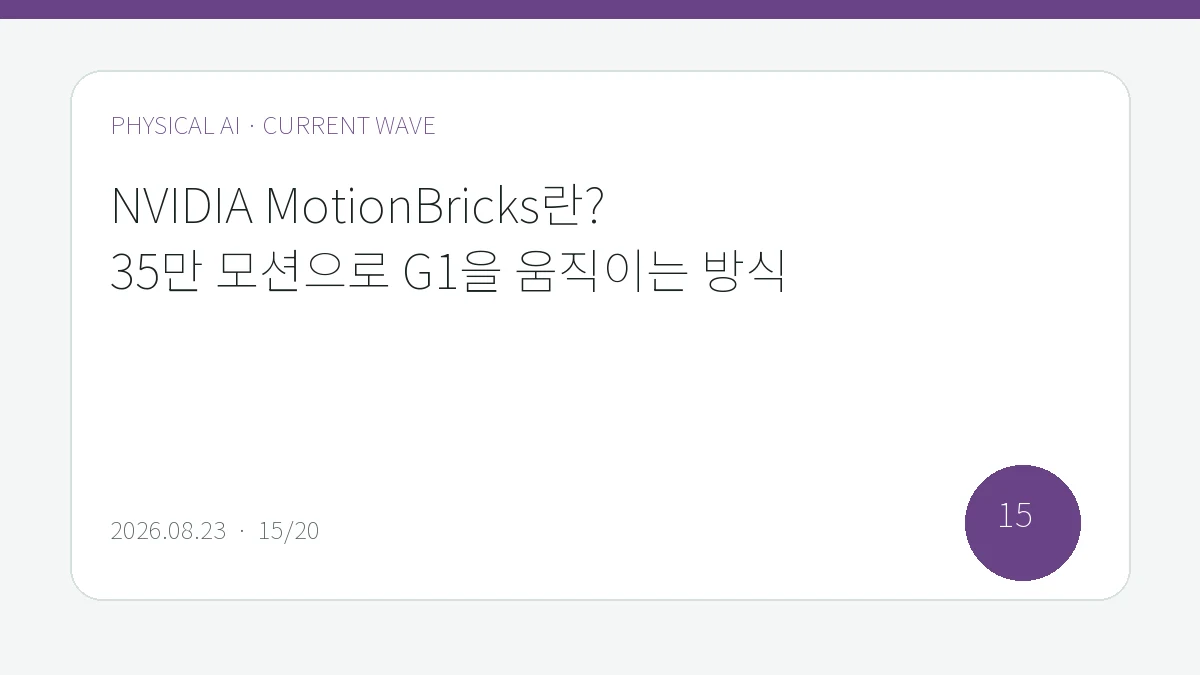 NVIDIA MotionBricks란? 35만 모션으로 G1을 움직이는 방식을 큰 글씨로 정리한 피지컬 AI Lab 편집 표지