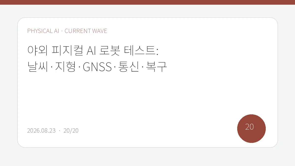 야외 피지컬 AI 로봇 테스트: 날씨·지형·GNSS·통신·복구을 큰 글씨로 정리한 피지컬 AI Lab 편집 표지