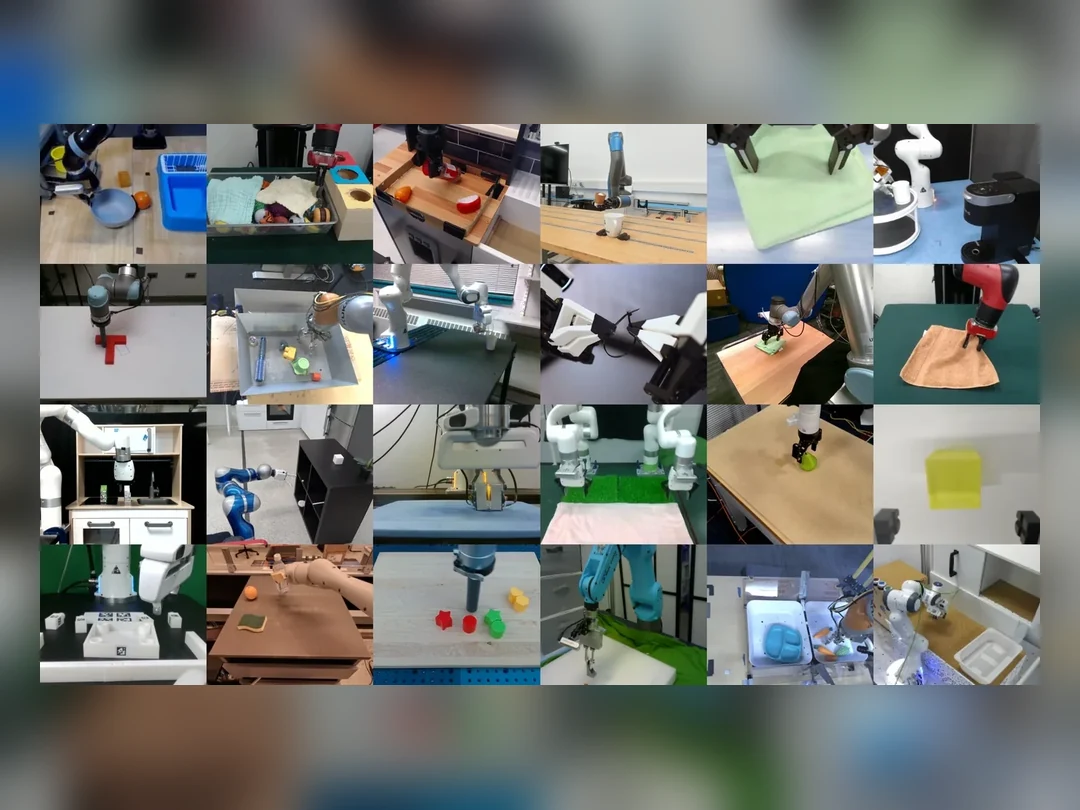 Collage of Open X-Embodiment robot arms performing manipulation tasks
