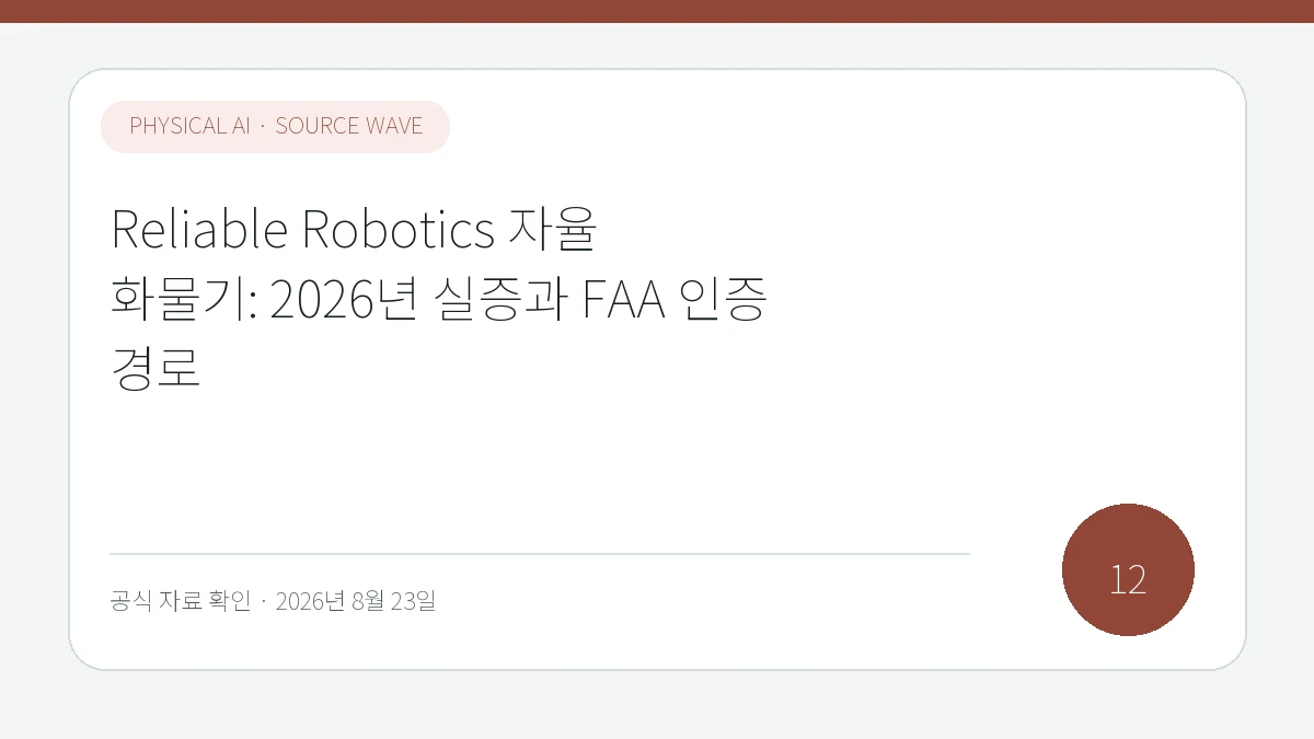 Reliable Robotics 자율 화물기: 2026년 실증과 FAA 인증 경로 제목을 모바일에서도 읽기 쉽게 배치한 피지컬 AI Lab 표지