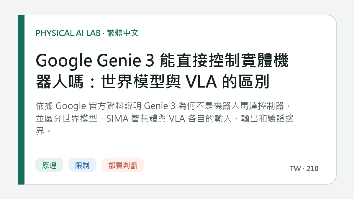 Google Genie 3 能直接控制實體機器人嗎：世界模型與 VLA 的區別的繁體中文重點圖
