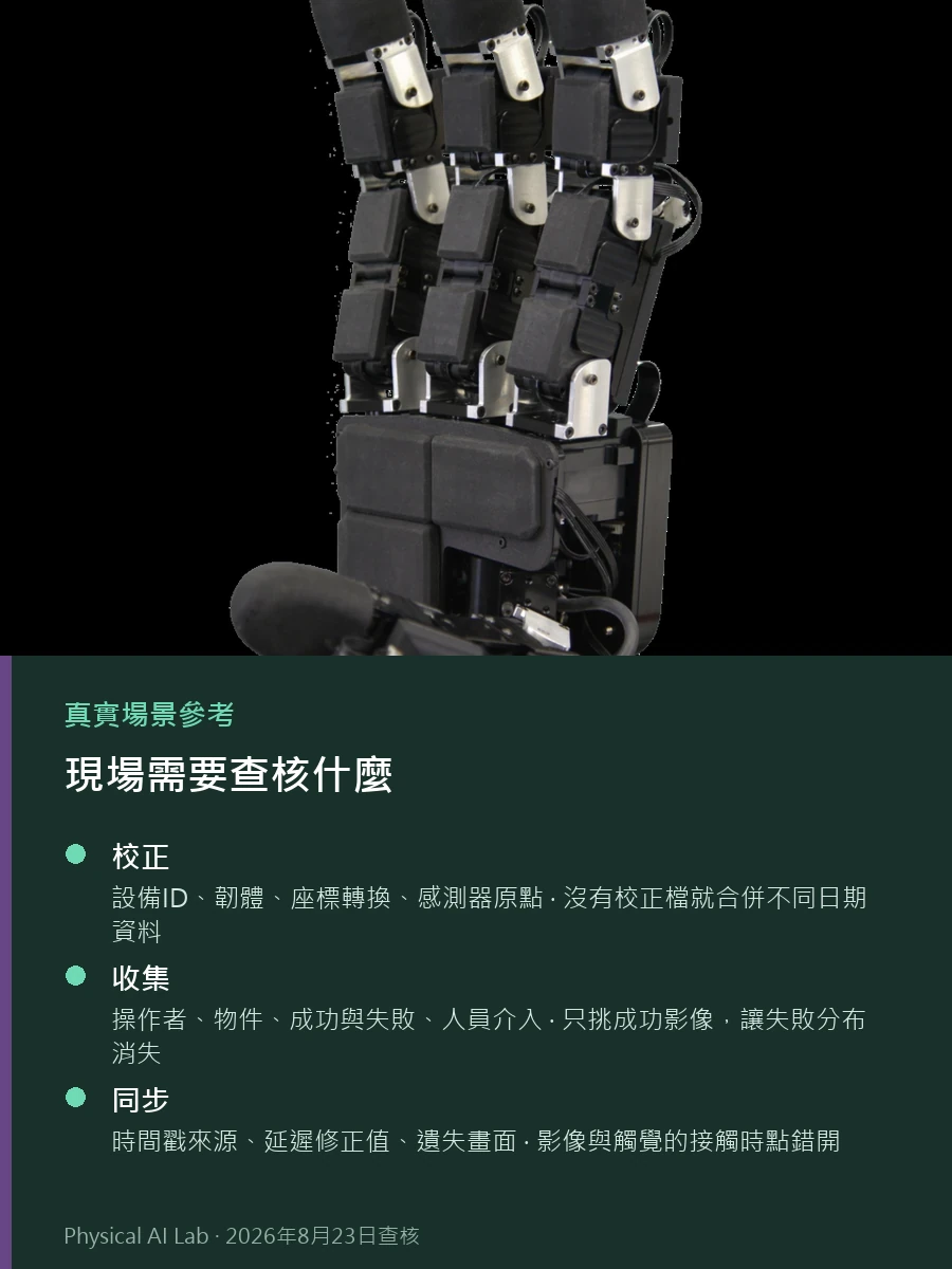DexRobot 靈巧手與 DexTele：遠端操作資料如何走完整個收集流程的參考實景照片，畫面呈現機械手指上的 uSkin 觸覺感測器