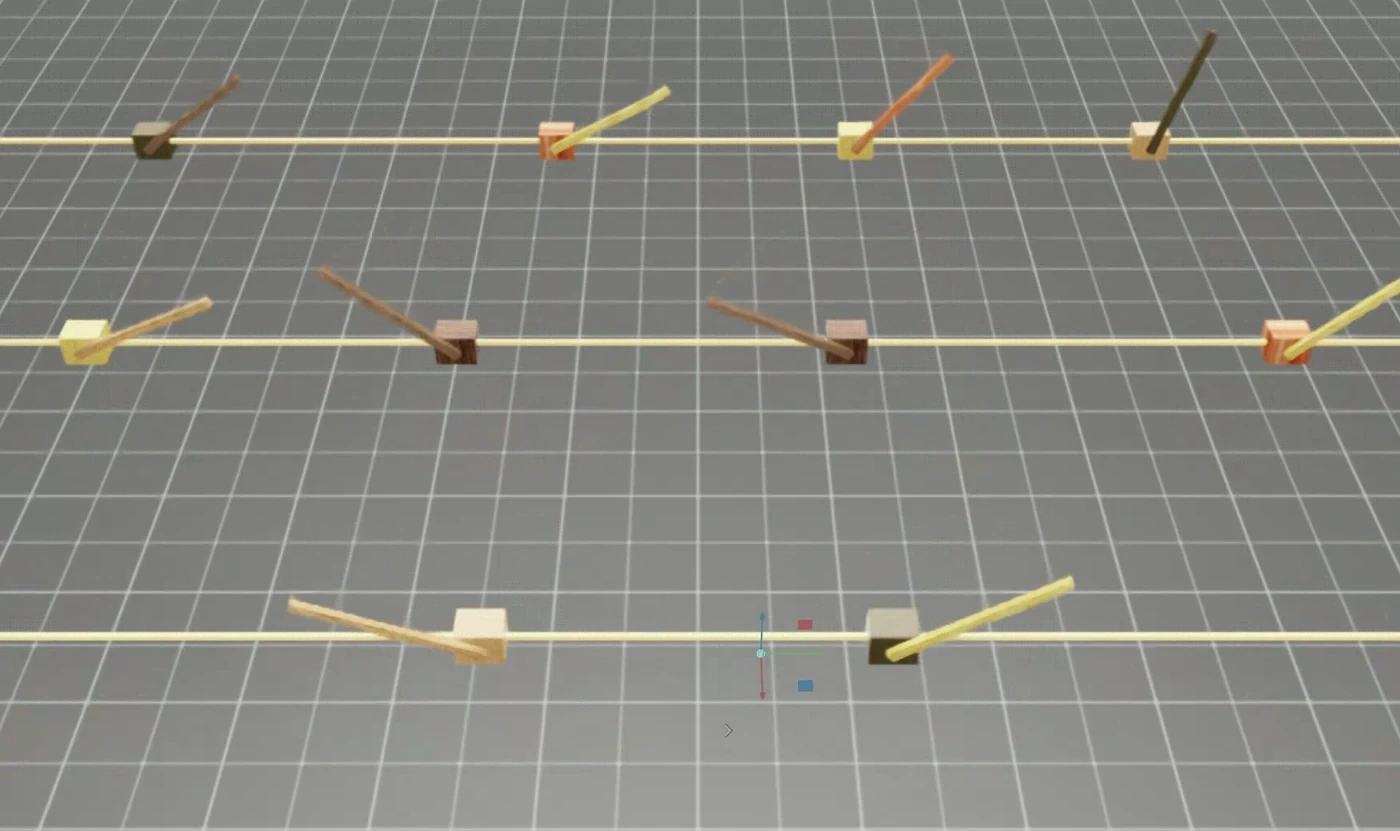 具有不同錘子顏色和方向的並行機器人模擬