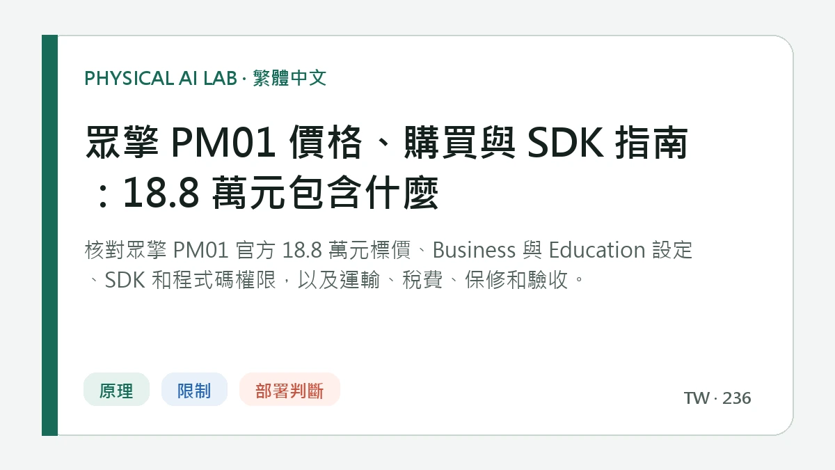 眾擎 PM01 價格、購買與 SDK 指南：18.8 萬元包含什麼的繁體中文重點圖