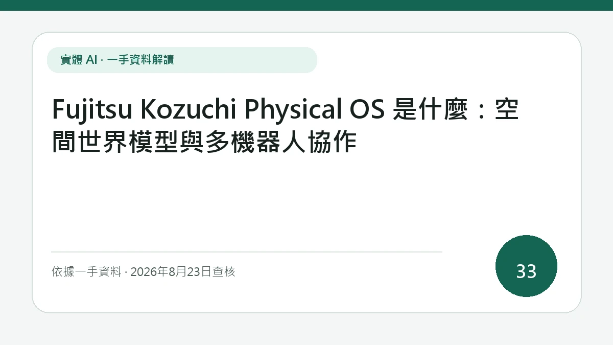 文章封面顯示「Fujitsu Kozuchi Physical OS 是什麼：空間世界模型與多機器人協作」，並以簡潔排版帶出空間世界模型、異質機器人協調、資料主權與退出能力
