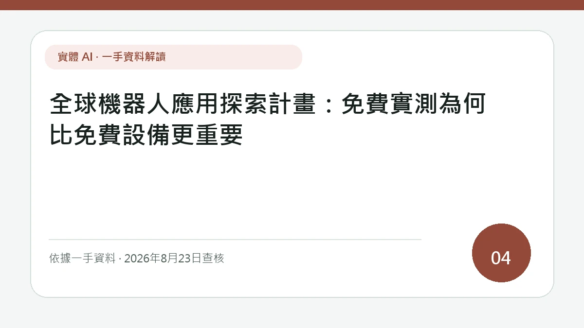 全球機器人應用探索計畫：免費實測為何比免費設備更重要專題文字封面，版面重點放在免費設備背後的場域驗證、資料權利與退出條件