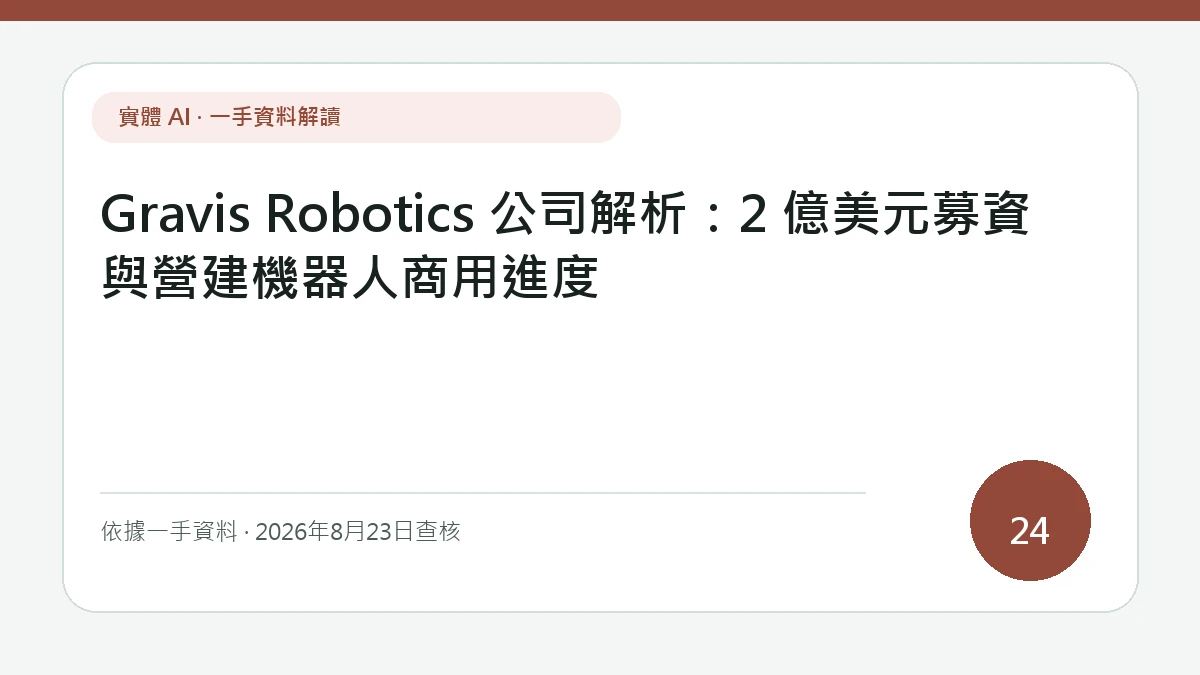 Gravis Robotics 公司解析：2 億美元募資與營建機器人商用進度的純文字主視覺，主題焦點是募資規模、重機相容性、工地生產力與故障復原
