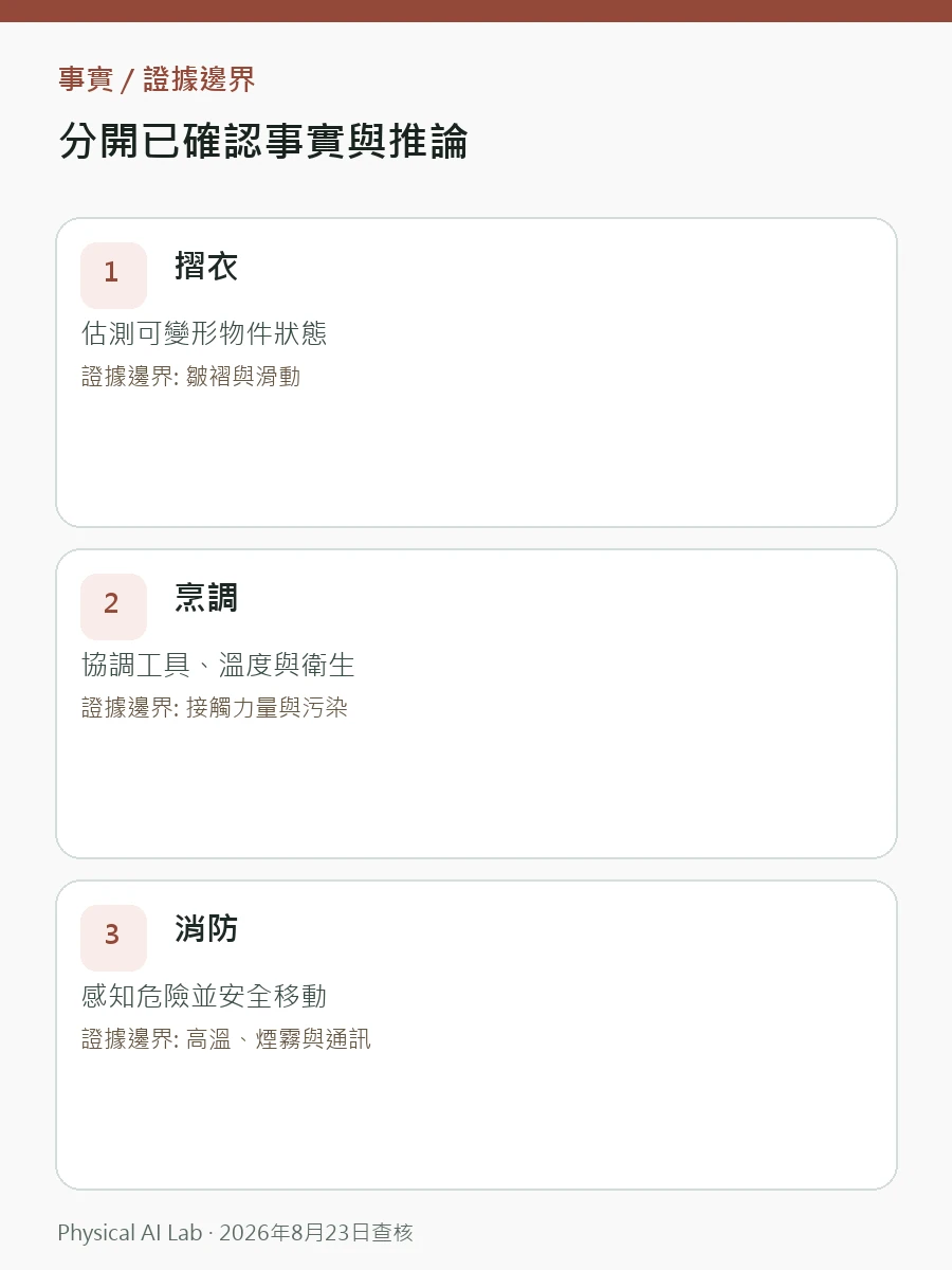 摺衣、烹調、消防:哪一種人形機器人任務最難重點圖卡,對照摺衣泛化、烹調衛生、消防風險與安全停機