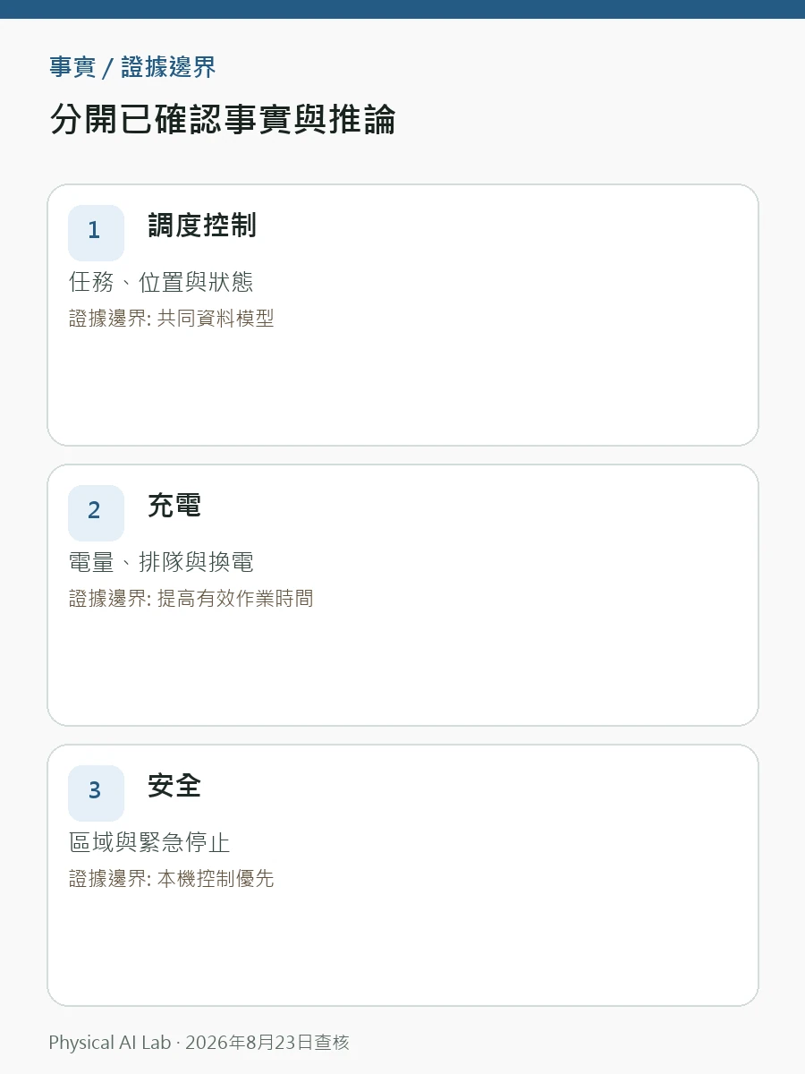 人形機器人多機調度：網路、充電與紀錄才是關鍵判讀圖卡，整理最差延遲、重新連線、充電排程與可追溯紀錄