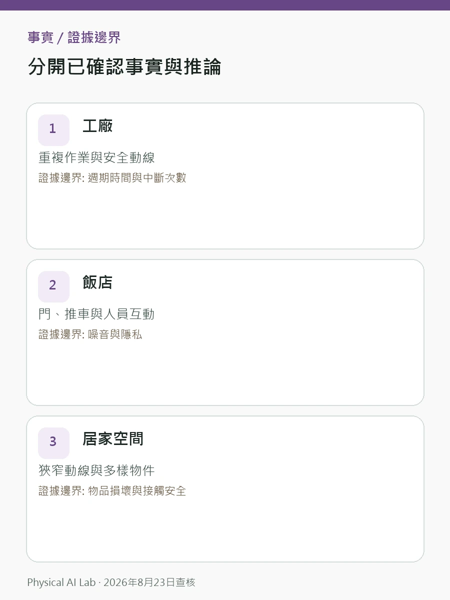 為什麼要把人形機器人帶進工廠、飯店與樣品屋測試決策圖卡，將環境擾動、長時間耐久、復原能力與人員介入放入同一檢查順序