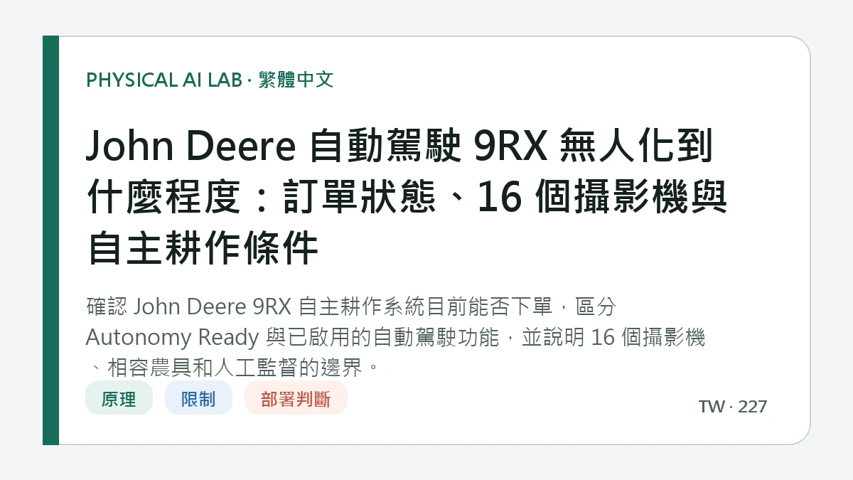 John Deere 自動駕駛 9RX 無人化到什麼程度：訂單狀態、16 個攝影機與自主耕作條件的繁體中文重點圖