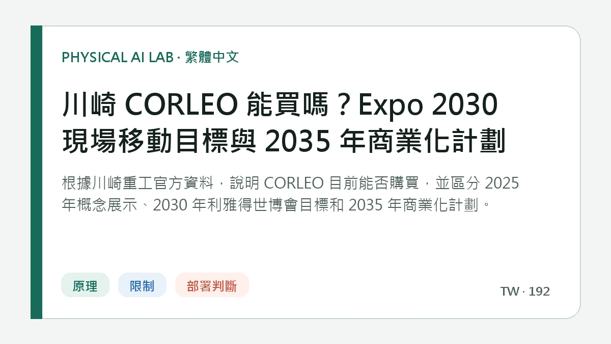 川崎 CORLEO 能買嗎？Expo 2030 現場移動目標與 2035 年商業化計劃的繁體中文重點圖