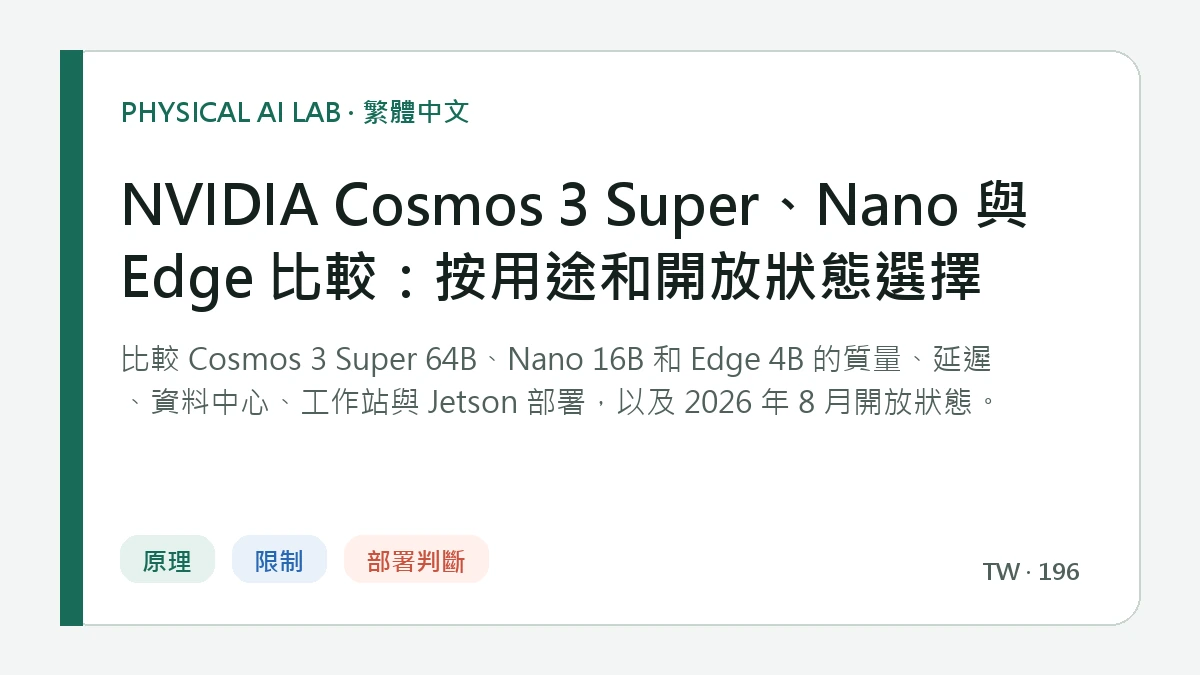 NVIDIA Cosmos 3 Super、Nano 與 Edge 比較：按用途和開放狀態選擇的繁體中文重點圖