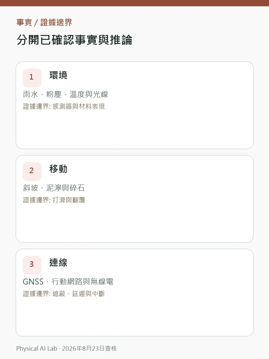 戶外實體 AI 機器人測試：天候、地形、GNSS、通訊與復原核對圖卡，逐項列出跨季節測試、時間同步、救援程序與證據保存