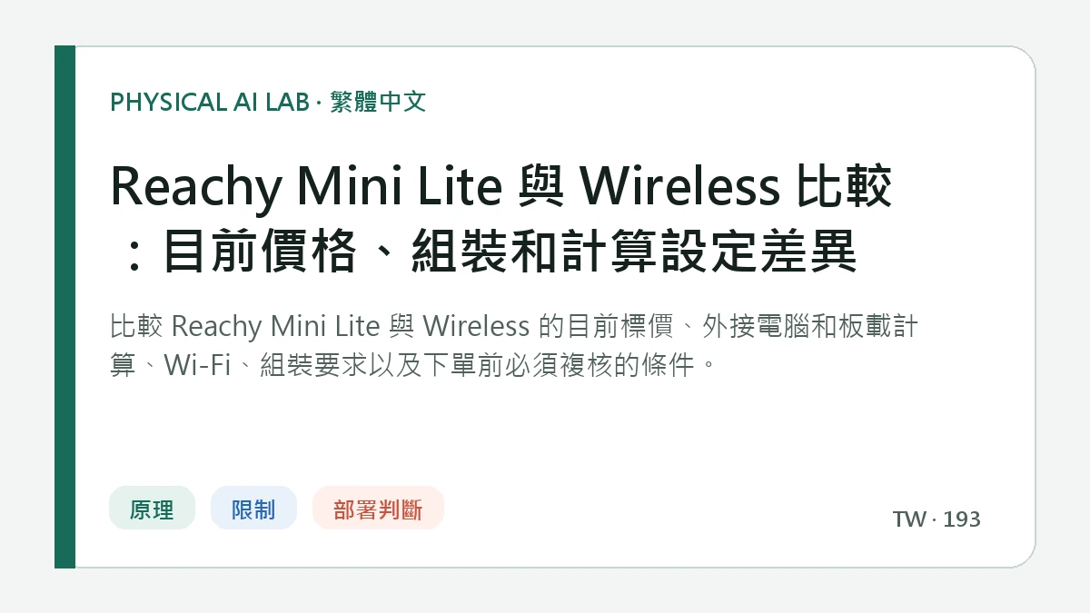 Reachy Mini Lite 與 Wireless 比較：目前價格、組裝和計算設定差異的繁體中文重點圖