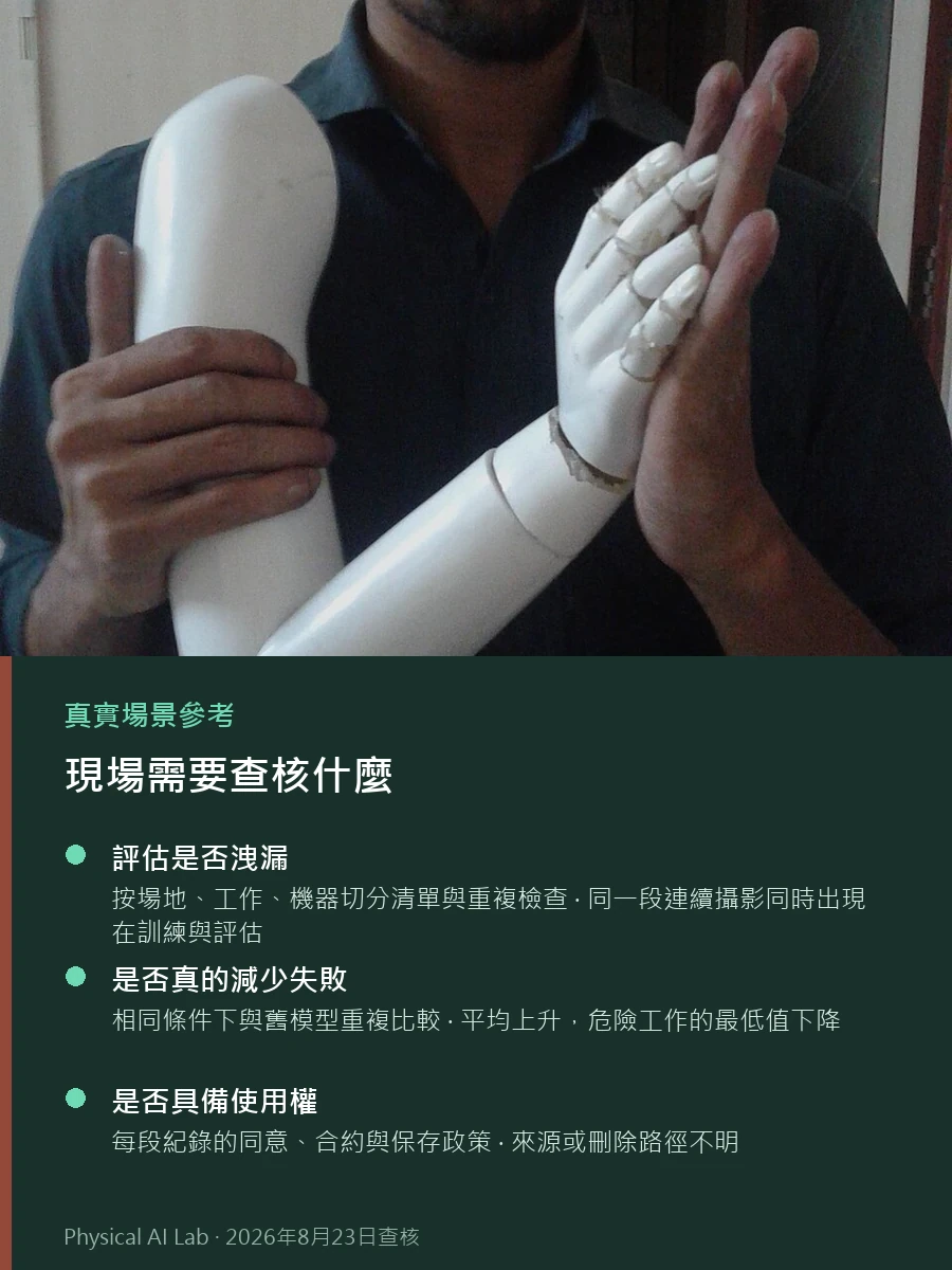 機器人資料工廠是什麼：收集、治理、訓練、評估與現場回饋的參考實景照片，畫面呈現技術人員手持並測試機械手臂