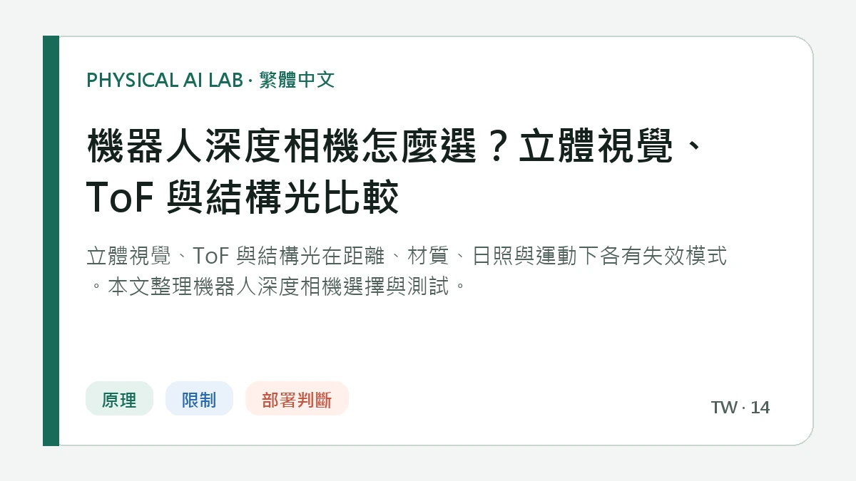 機器人深度相機怎麼選？立體視覺、ToF 與結構光比較的繁體中文重點圖