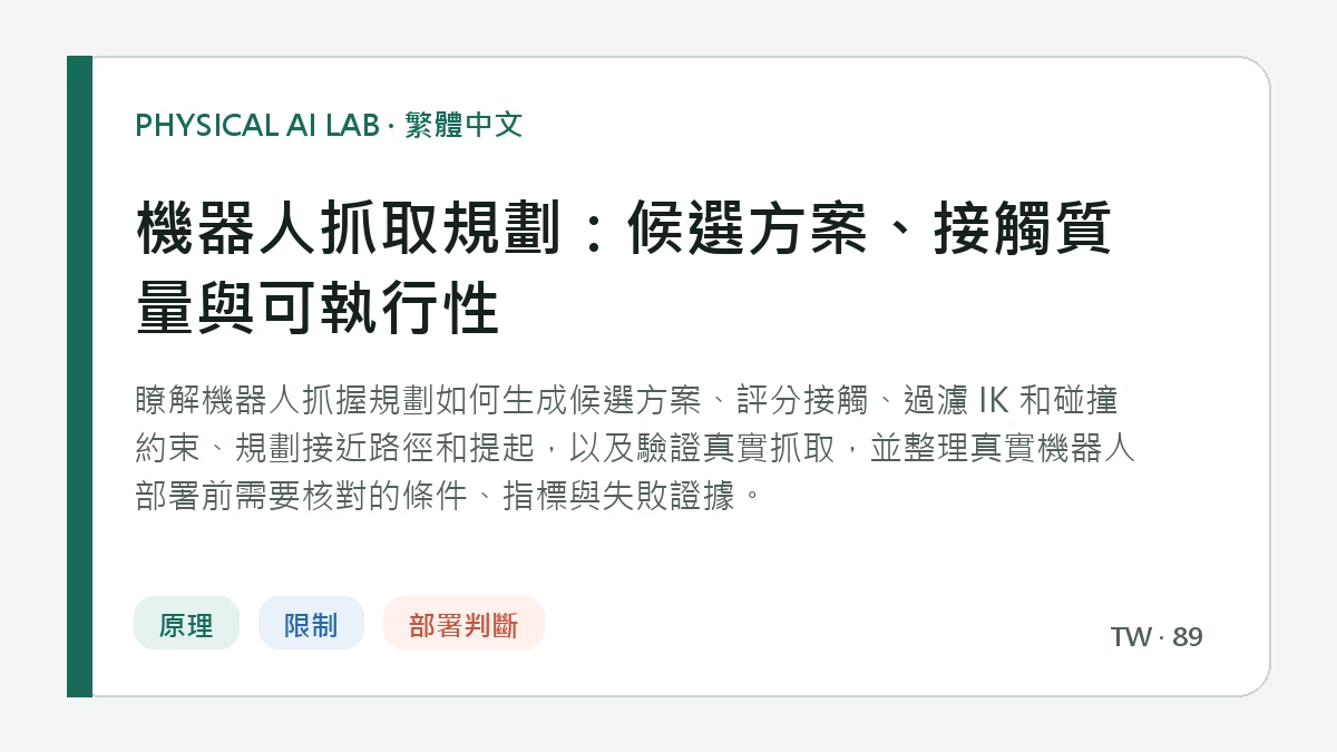機器人抓取規劃：候選方案、接觸質量與可執行性的繁體中文重點圖