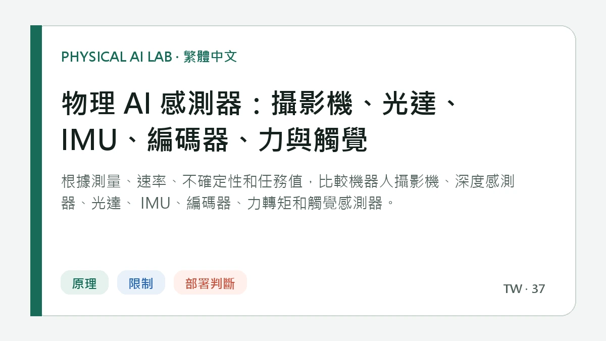 物理 AI 感測器：攝影機、光達、IMU、編碼器、力與觸覺的繁體中文重點圖