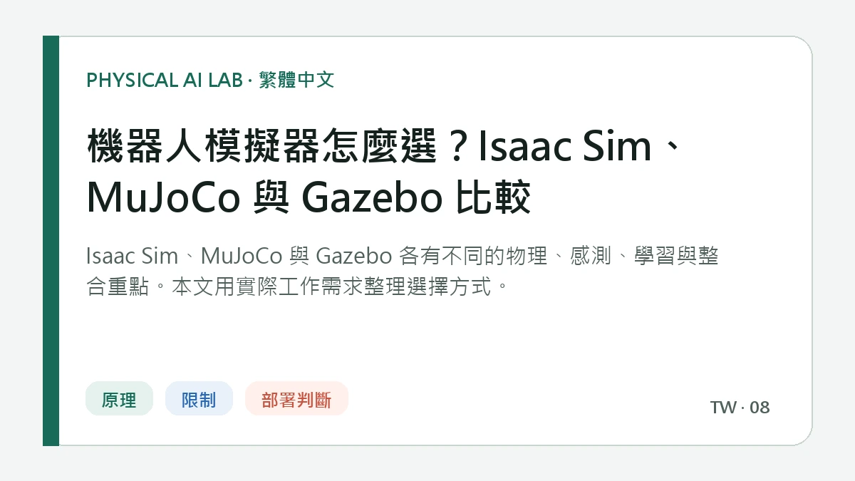 機器人模擬器怎麼選？Isaac Sim、MuJoCo 與 Gazebo 比較的繁體中文重點圖