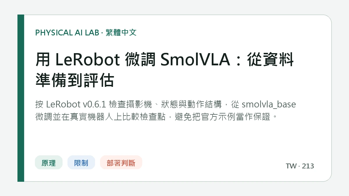 用 LeRobot 微調 SmolVLA：從資料準備到評估的繁體中文重點圖