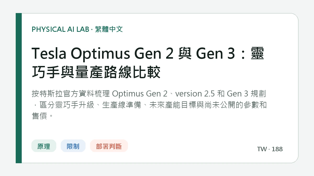 Tesla Optimus Gen 2 與 Gen 3：靈巧手與量產路線比較的繁體中文重點圖