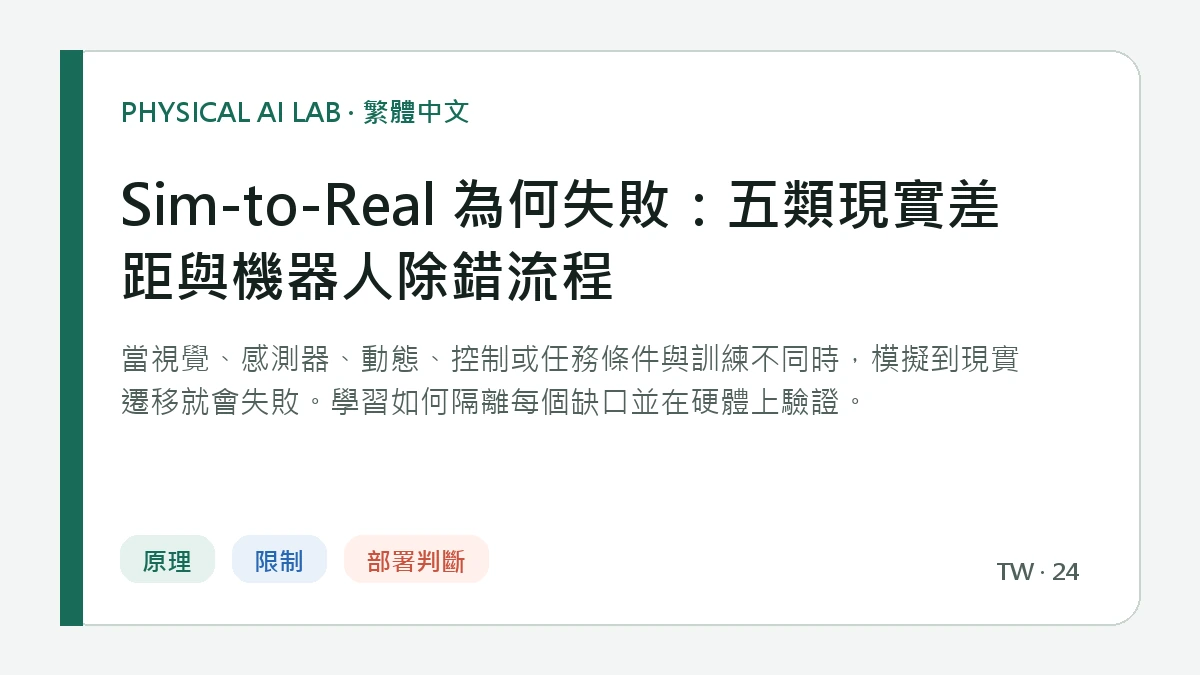 Sim-to-Real 為何失敗：五類現實差距與機器人除錯流程的繁體中文重點圖