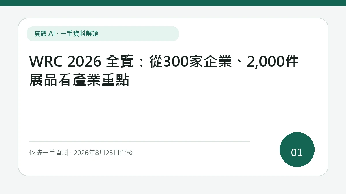 「WRC 2026 全覽：從300家企業、2,000件展品看產業重點」文字版專題封面，以醒目主標聚焦展會規模、系統完整度與商用證據的差別