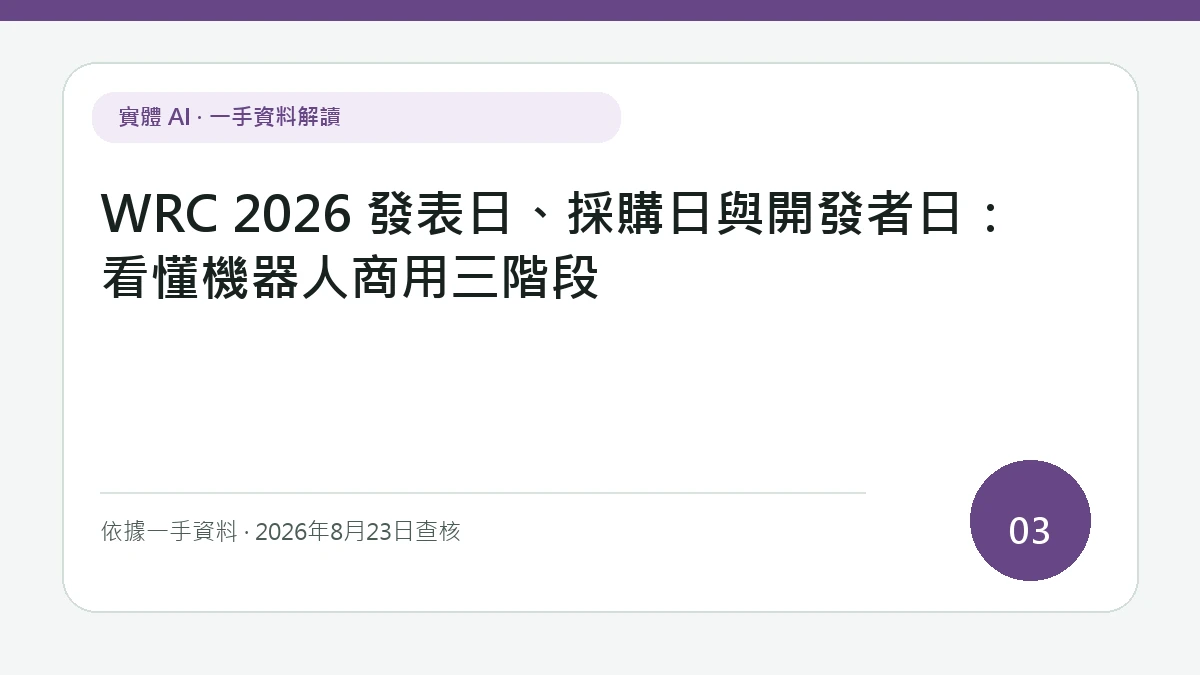 以「WRC 2026 發表日、採購日與開發者日：看懂機器人商用三階段」為主標的文章封面，讀者可先掌握發表、採購與開發者活動各自留下的商用交付物