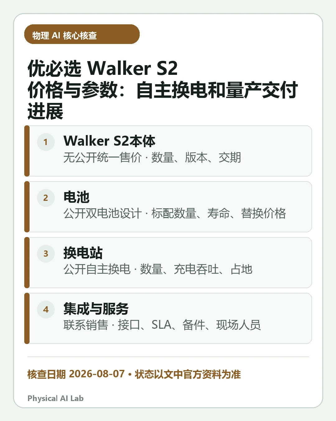 汇总《优必选 Walker S2 价格与参数:自主换电和量产交付进展》四项关键判断的移动端信息卡