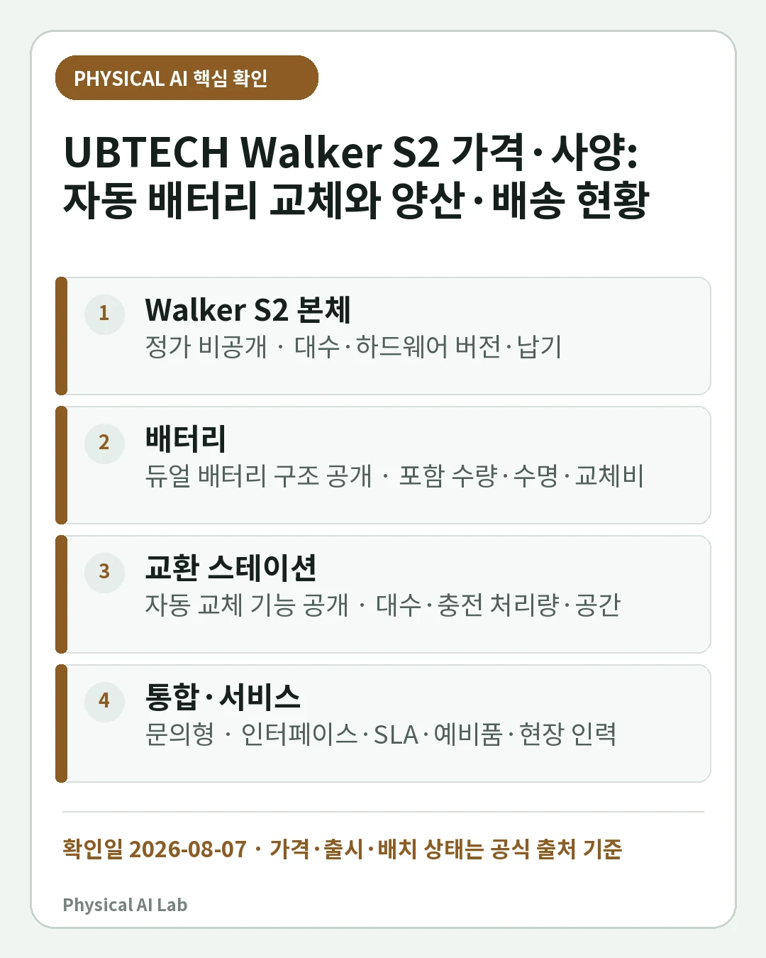 UBTECH Walker S2 가격·사양: 자동 배터리 교체와 양산·배송 현황의 핵심 판단 네 가지를 정리한 모바일 카드
