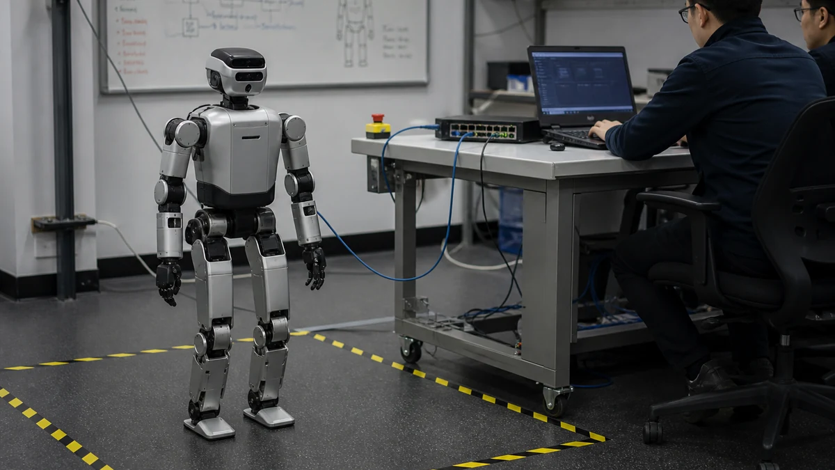 Unitree G1 EDU SDK入門：SDK2・ROS 2・CycloneDDSの安全な接続手順を表す編集用ロボットイメージ。実際の製品・導入現場の写真ではありません。