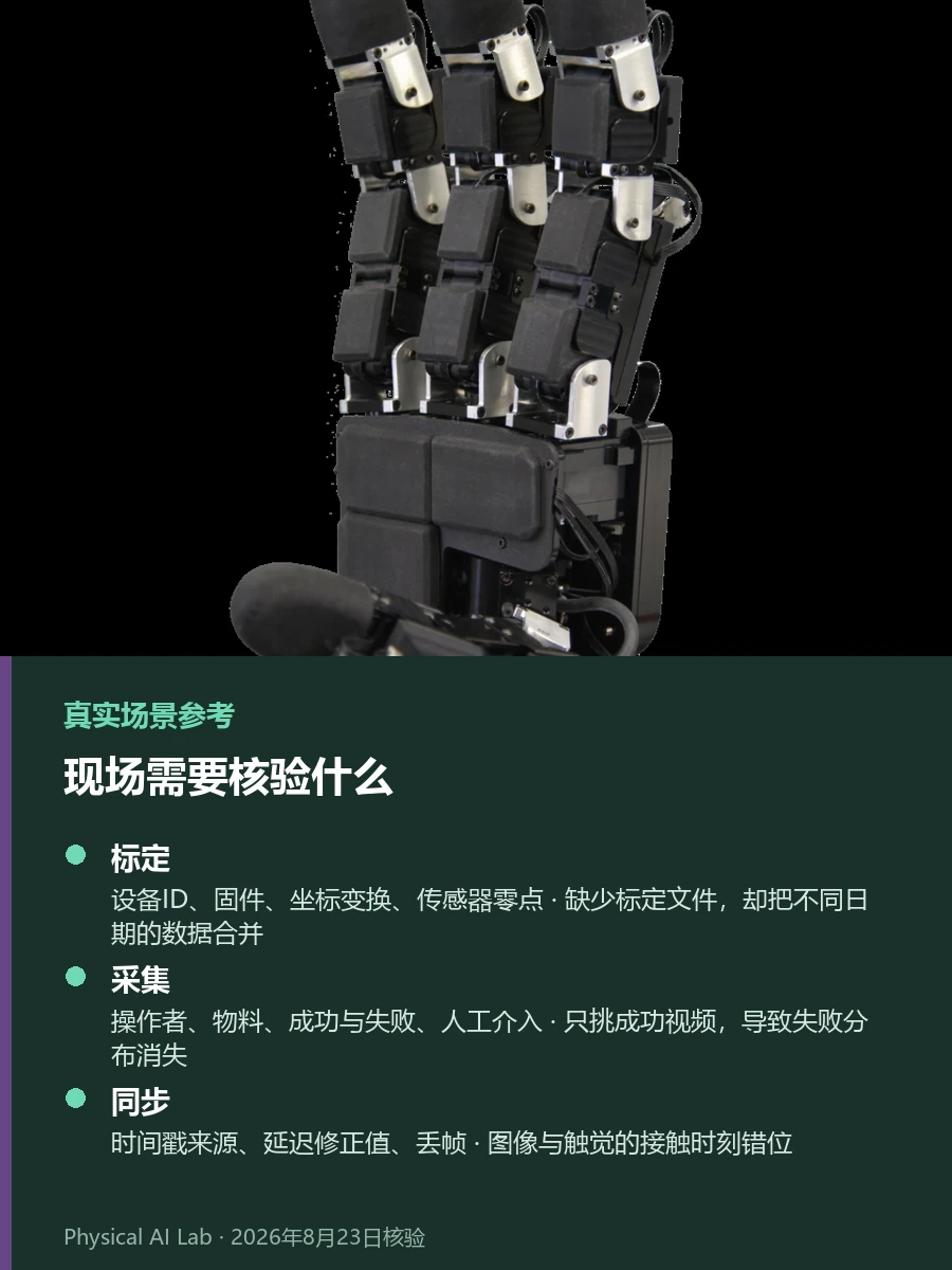 DexRobot机器人手与DexTele：遥操作数据采集全流程实景参考照片，呈现uSkin触觉传感器集成在机械手指上并提示机械手力道、循环寿命与远程操作时间同步