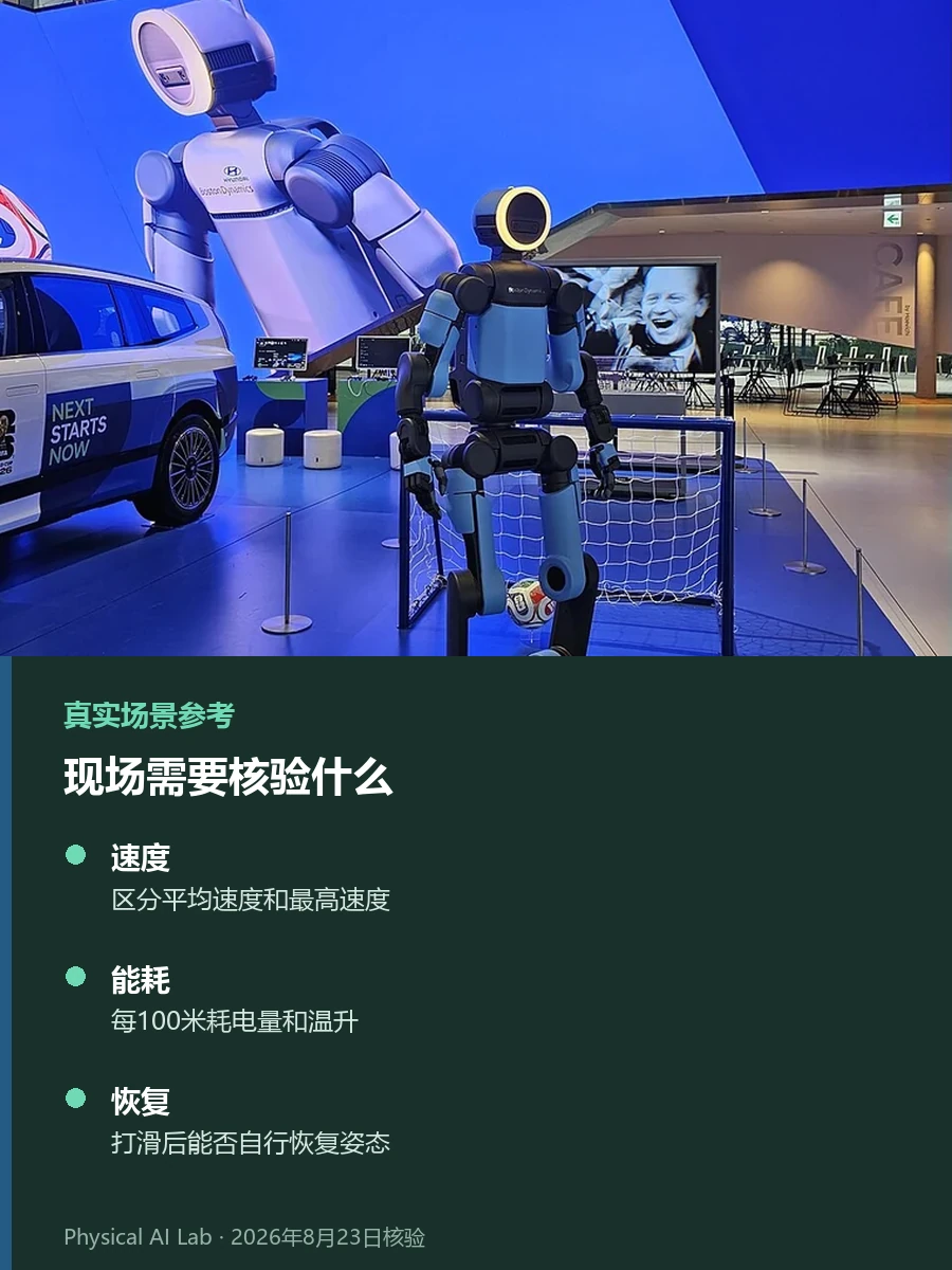 人形机器人全自主100米：比速度更值得看的指标参考实景，画面是Atlas人形机器人站在室内场地，观察重点为速度之外的路线保持、平衡恢复和外部介入