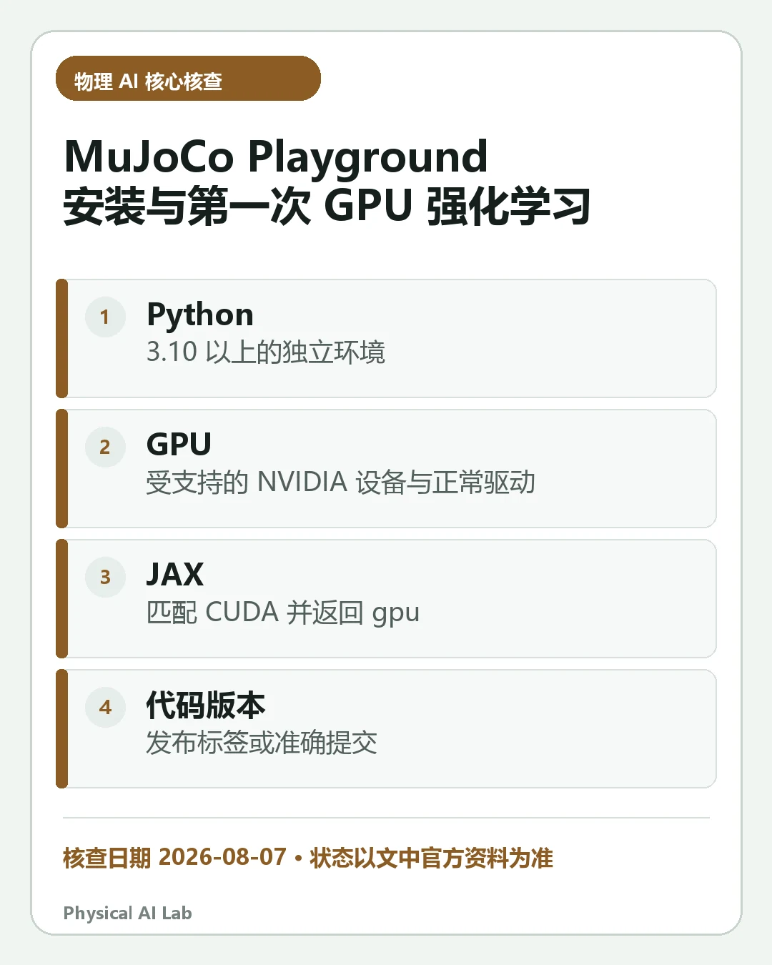 汇总《MuJoCo Playground 入门：从安装到第一次 GPU 强化学习》四项关键判断的移动端信息卡