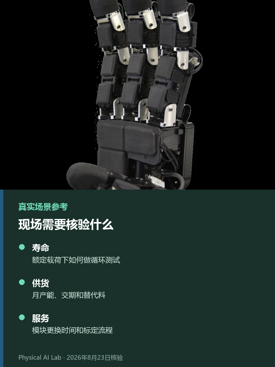 WRC 2026机器人零部件供应链图谱:从减速器到机器手实景参考照片,呈现触觉传感器贴合在机械手指上并提示感知部件如何受整机载荷和接口约束