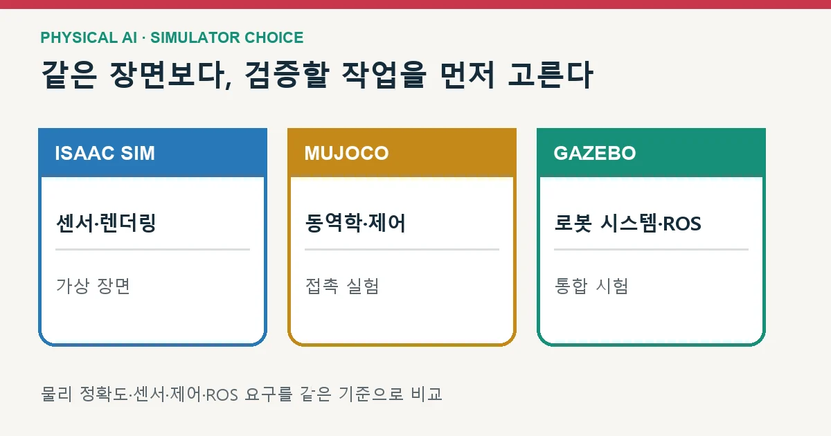 Isaac Sim의 센서와 렌더링, MuJoCo의 동역학과 제어, Gazebo의 로봇 시스템 통합을 비교한 도식