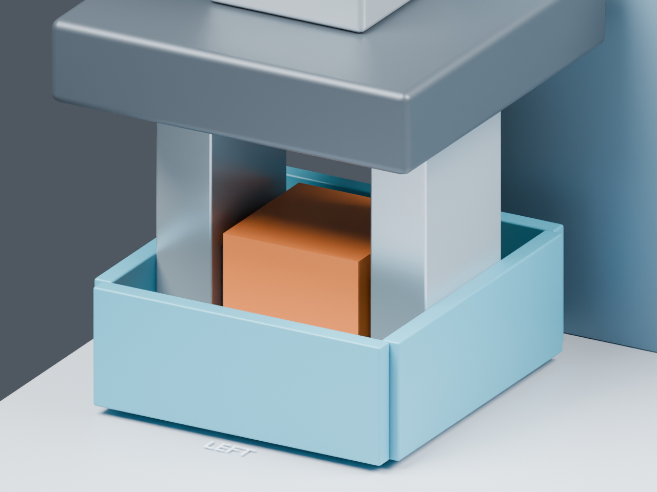 Blender render of gripper fingers crowded against the side walls of the 120 mm inner-width blue bin.