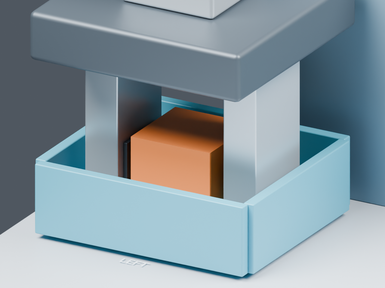 Blender render of open gripper fingers and an orange cube at placement height inside the 150 mm inner-width blue bin.