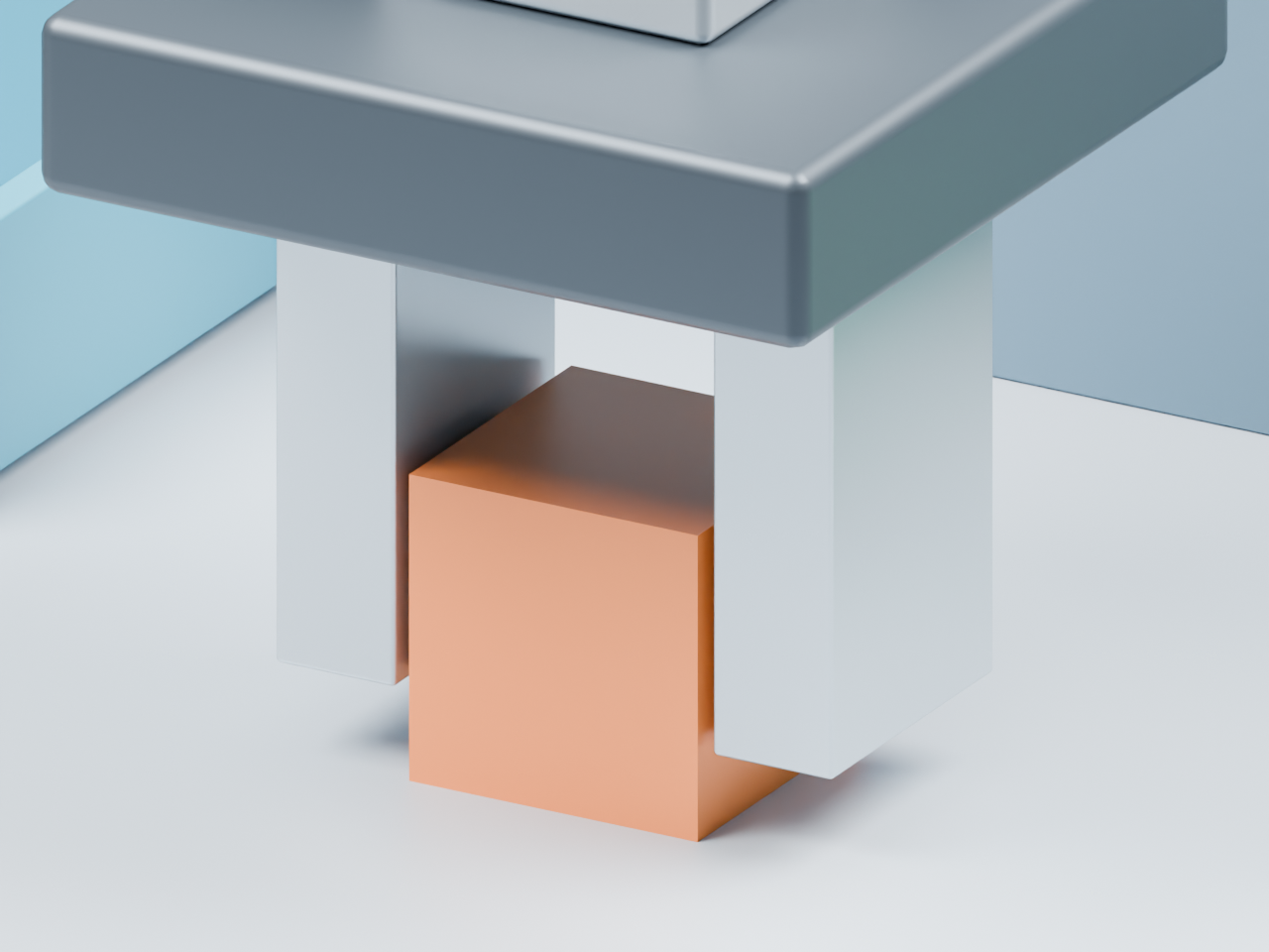 Blender render of a centered orange cube between the gripper fingers at the 60 mm closing stop.