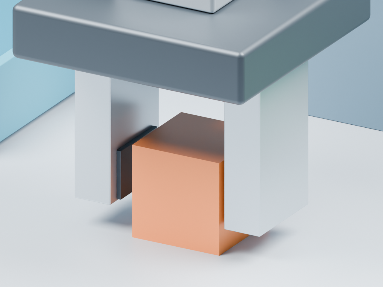 Blender render of an orange cube offset 6 mm in X, with a visible gap to the opposite gripper pad at the 72 mm closing stop.