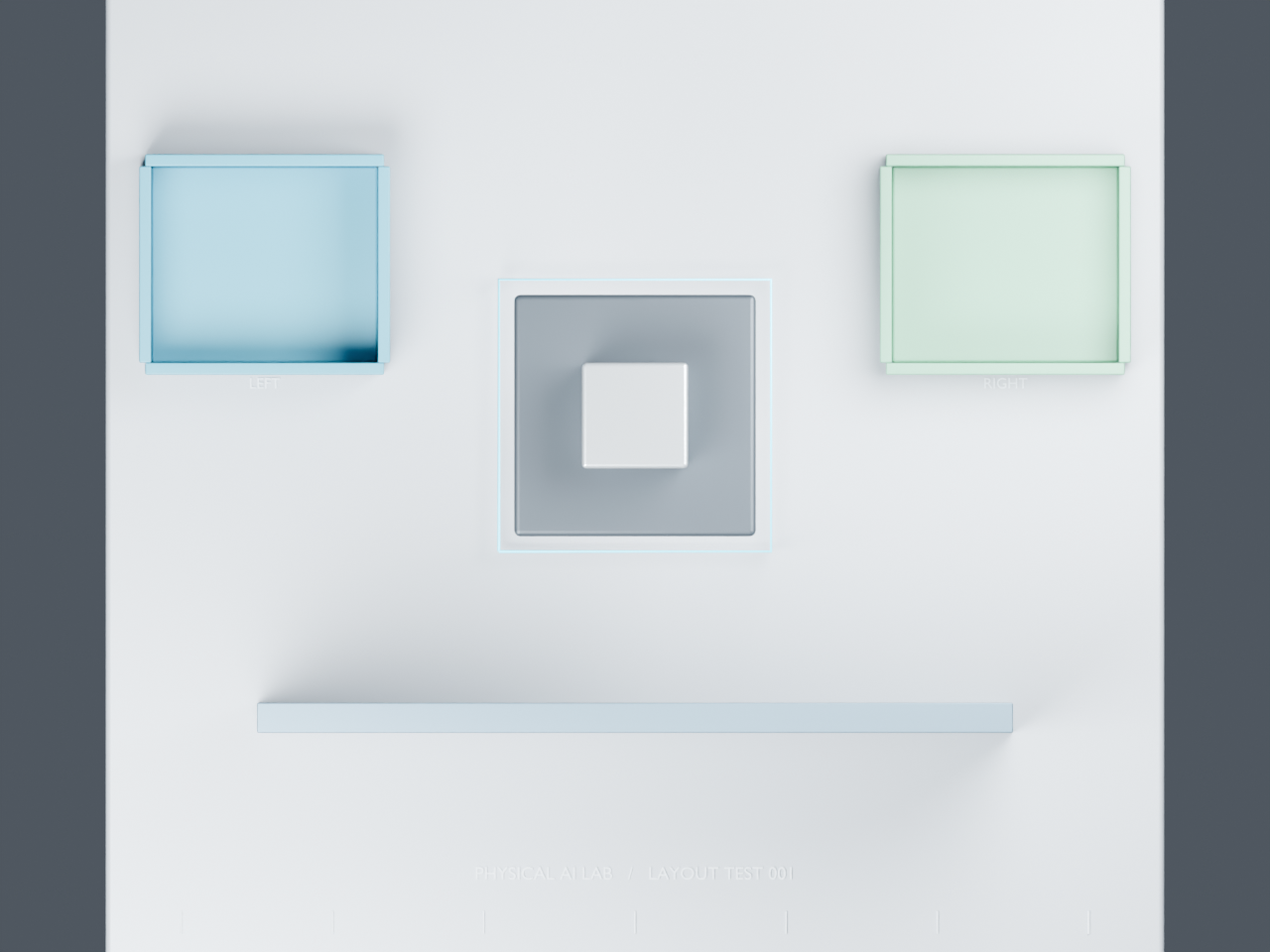 Overhead diagnostic view of layout B: the divider is separated from the cyan approach-box outline around the stationary gripper.