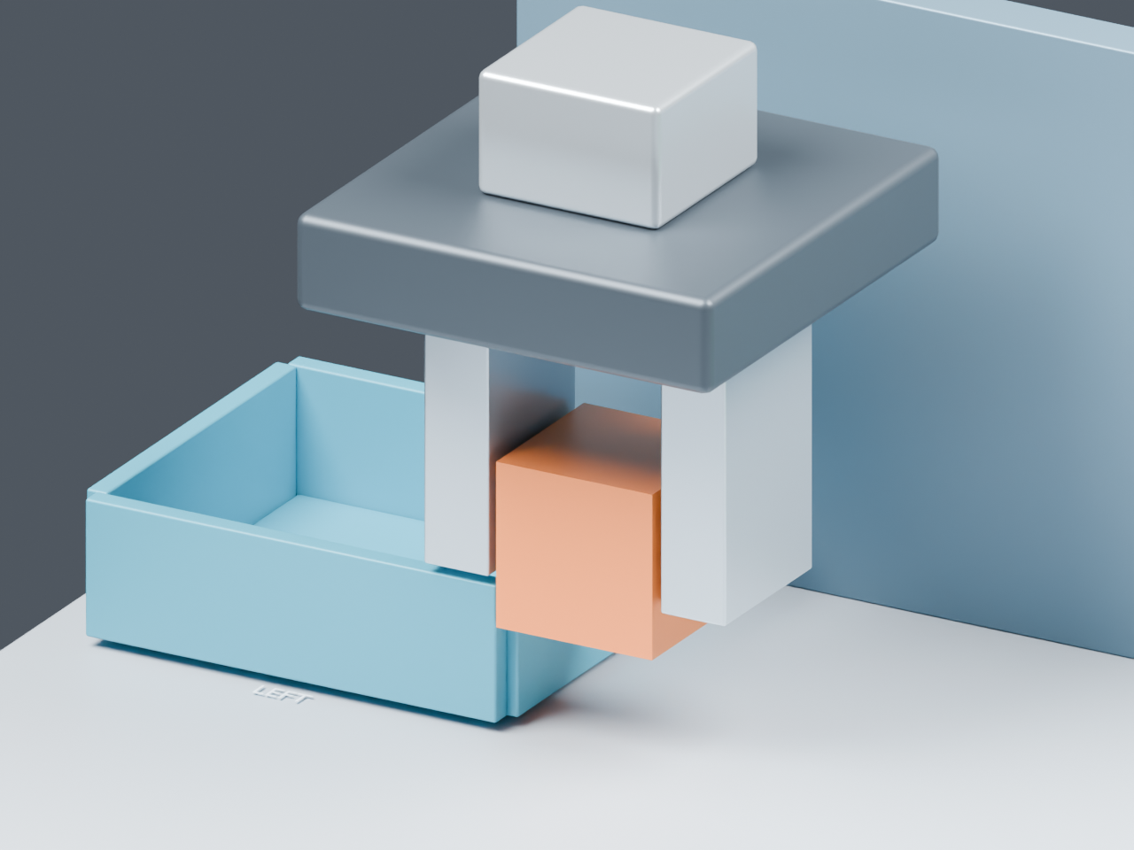 Blender render of the carried orange cube overlapping the blue bin wall with its bottom 40 mm above the worktable.