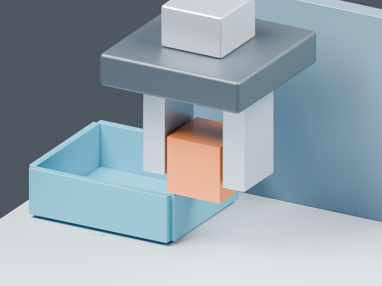 Blender render of the carried orange cube above the bin rim at the same horizontal position, with its bottom 60 mm above the worktable.