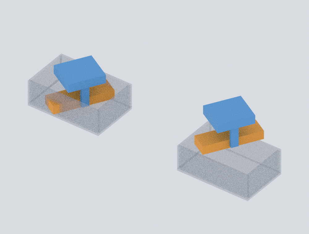 Blender render of the same held part at 60 degrees, low inside the bin at upper left and raised above the rim at lower right.