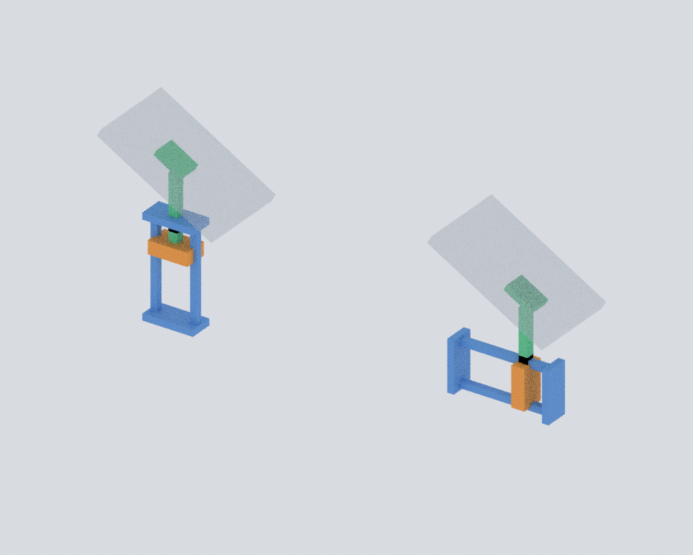 Blender render of a vertical slide at upper left and a horizontal slide at lower right, each carrying an upright green spindle toward an angled grey plate.