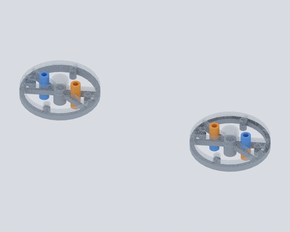 Blender render of two circular open-frame tool interfaces with blue and orange hollow ports, comparing aligned and half-turn tool orientations.