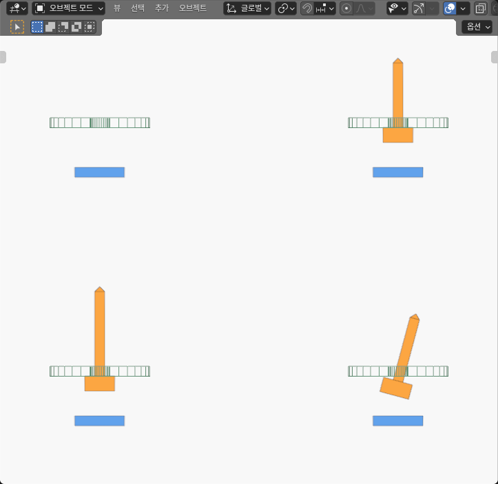Four-cell Blender SOLID viewport comparison of an absent screw, a reference screw, a longer screw with the same seat, and a tilted screw with the same intrinsic length.